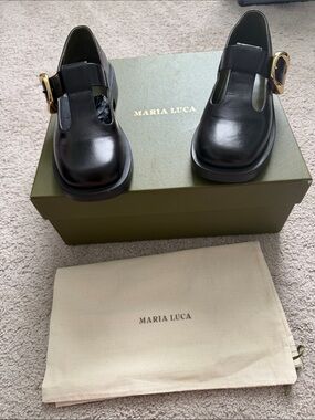 Black Leather Mary Jane Flats with Gold Buckle